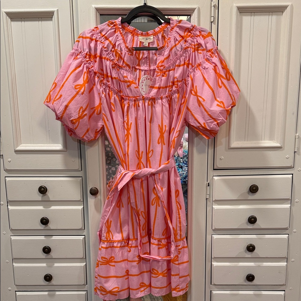 Umgee Small Pink Midi Dress with Orange Bow Print and Puff Sleeves with belt - Picture 8 of 8